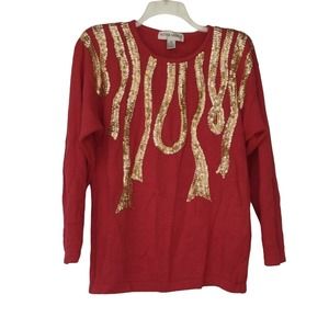 80s Victoria Harbour Red Sweater with Gold Sequins - M